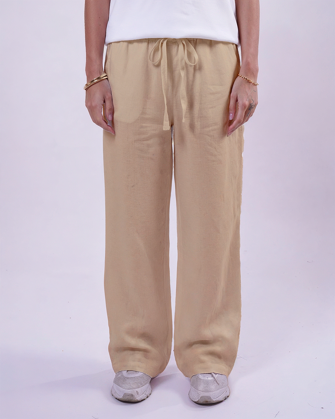 Beige Linen Relaxed-Fit Trousers - Women