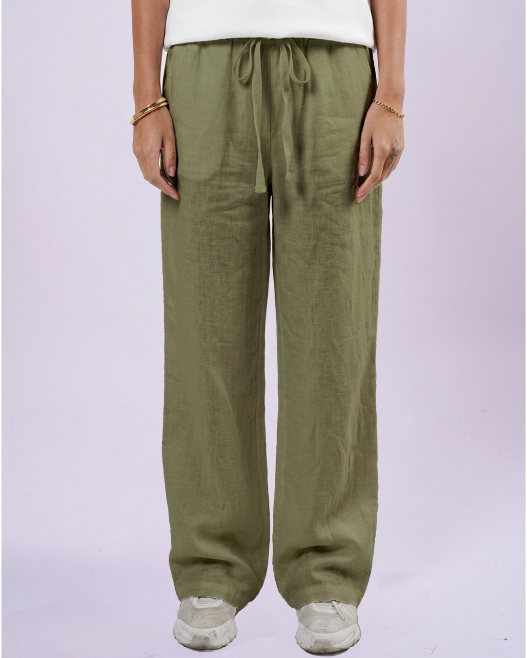 Olive Linen Relaxed-Fit Trousers - Women